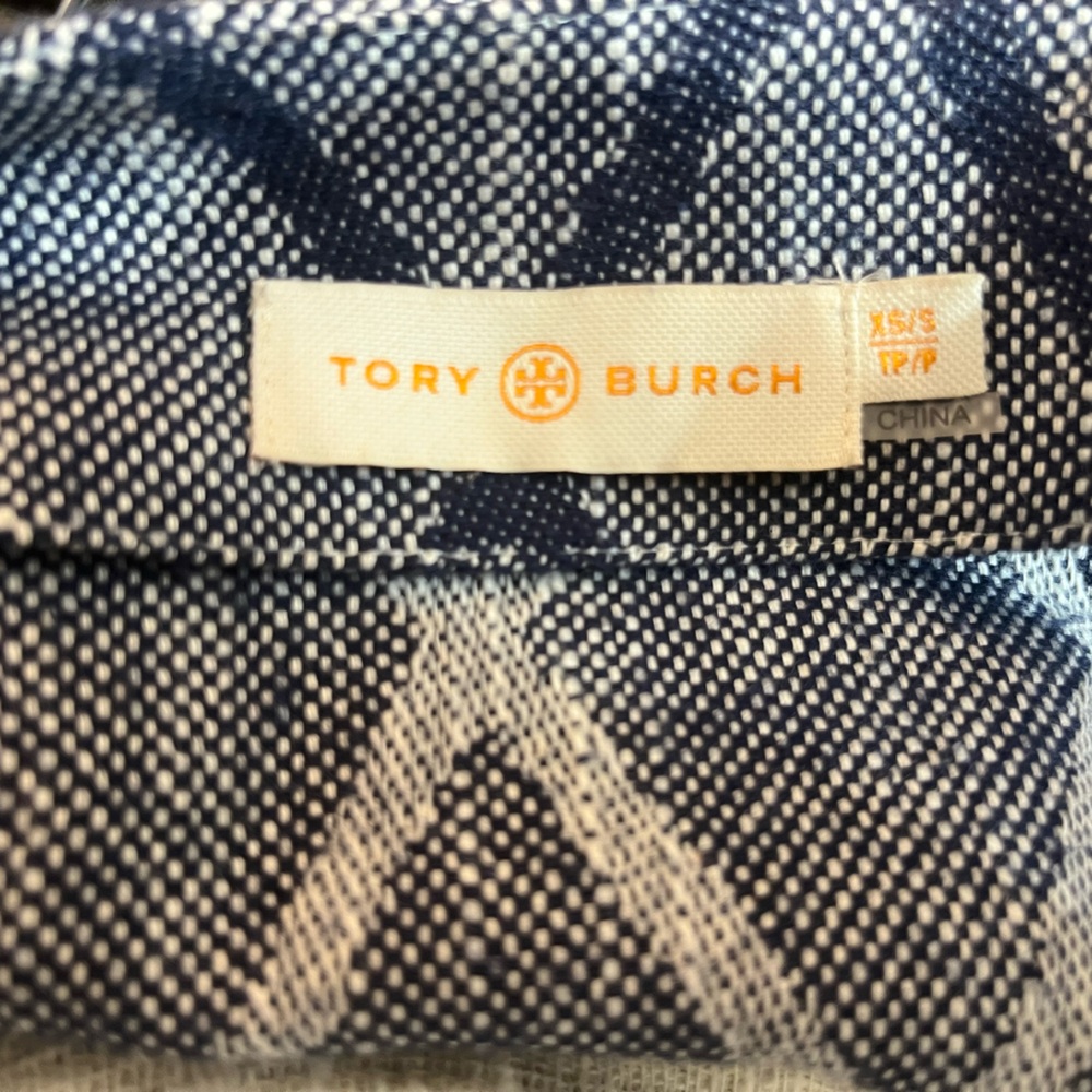 Tory Burch Ryder Poncho Shawl Wrap Navy Cream Geometric Stripe Boho Travel - Picture 6 of 7